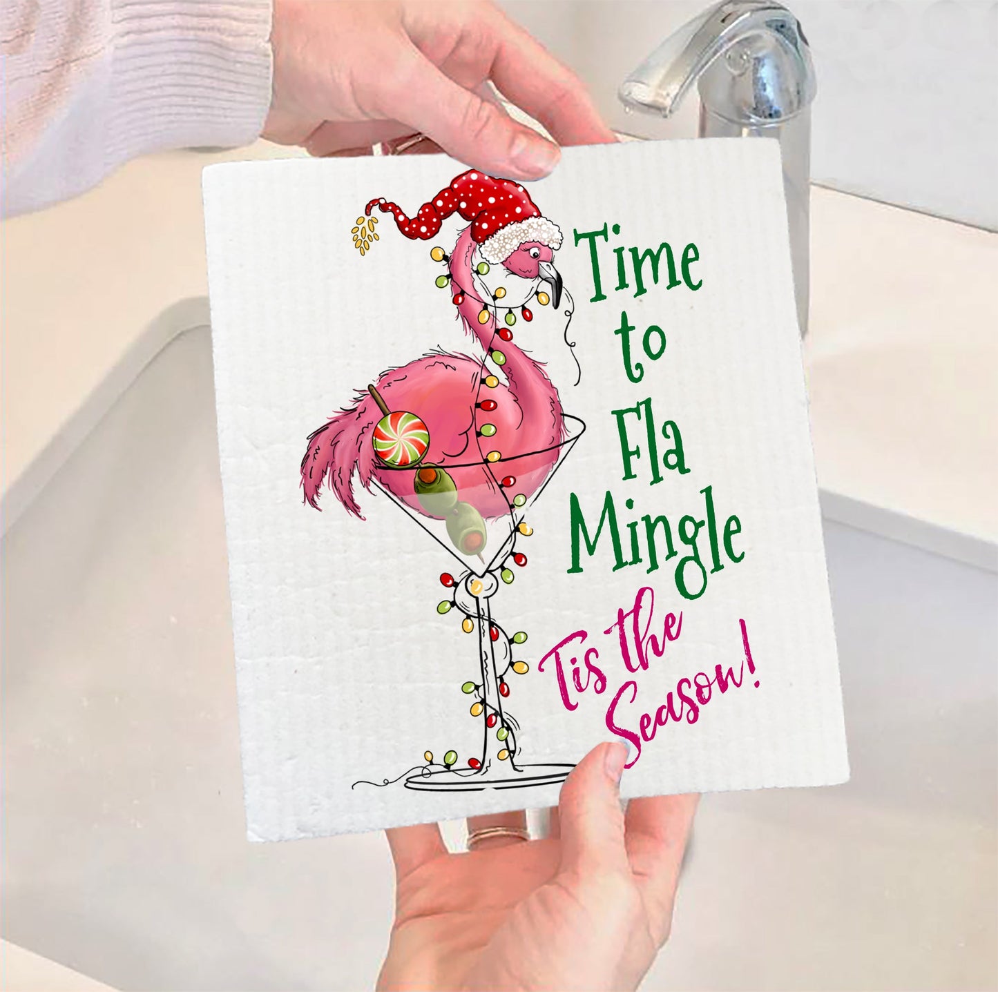 Set of 2 -  Christmas Flamingo Fla Mingle Swedish Dish Cloth