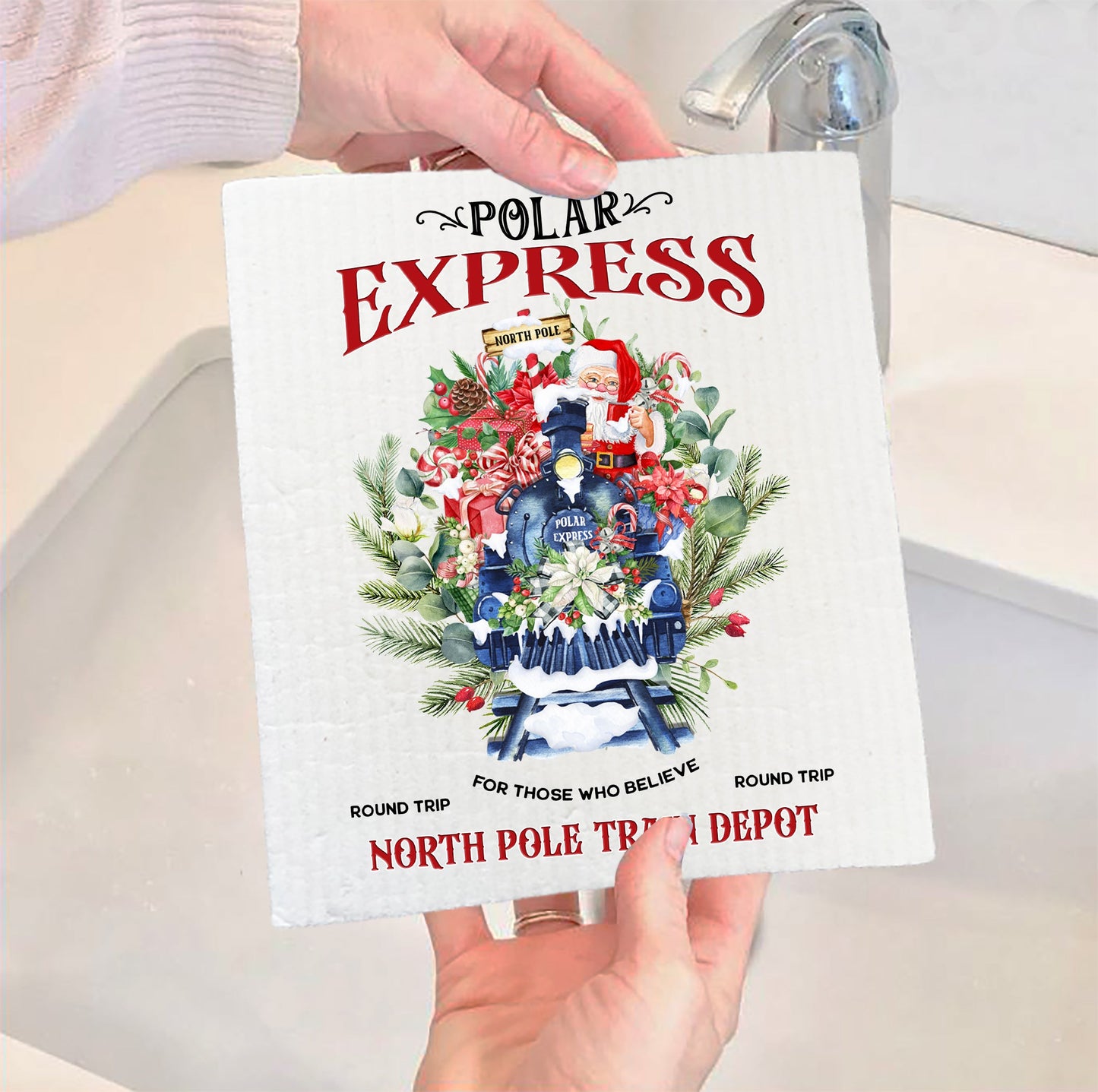 Set of 2 -  Christmas Polar Express Train Swedish Dish Cloth