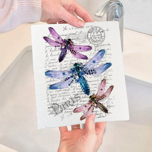 Set of 2 -  Dragon Fly French Paris SWEDISH DISH CLOTHS