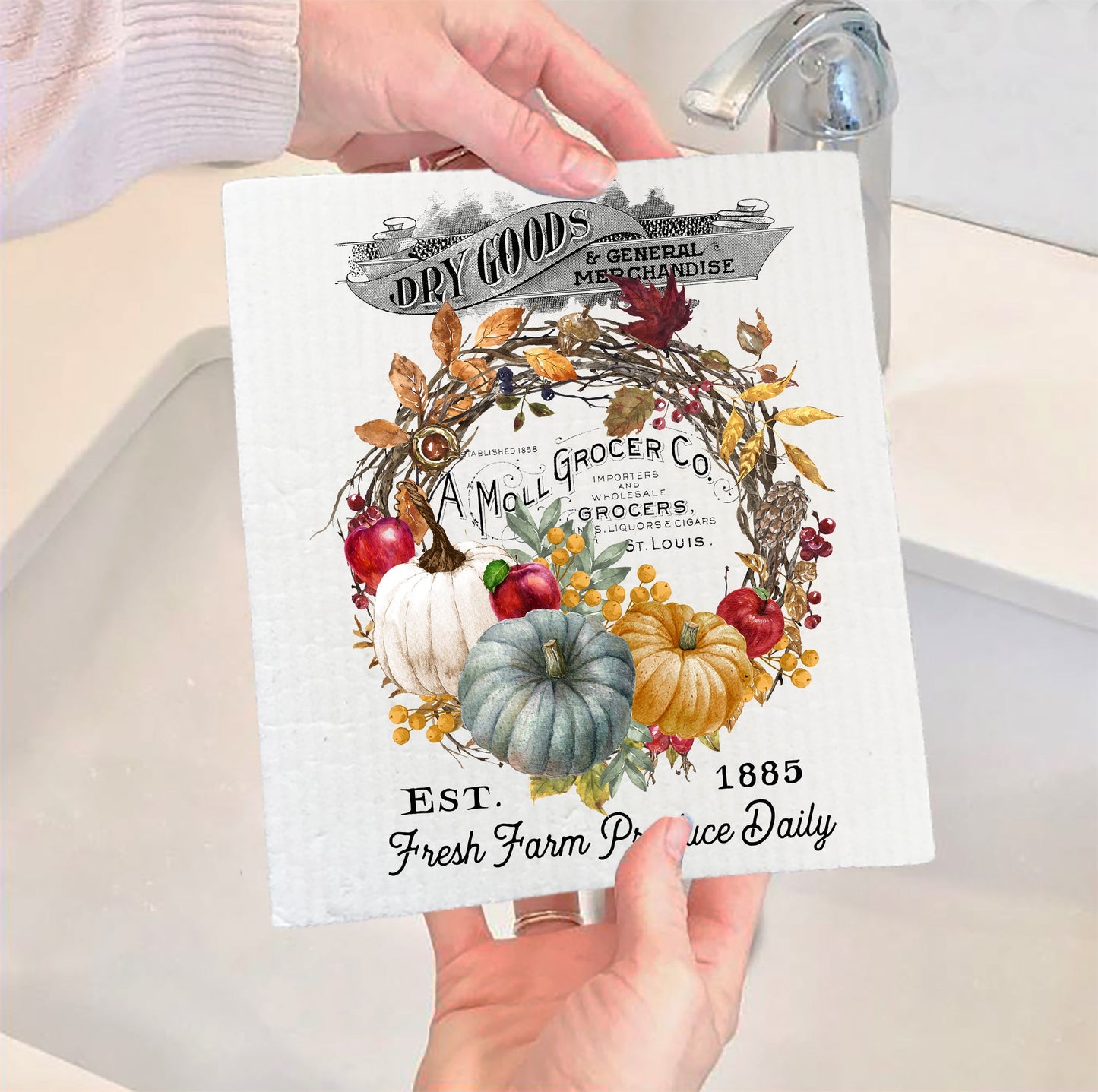 Set of 2 -  Vintage Autumn Fall Harvest Pumpkin Kitchen SWEDISH DISH CLOTH