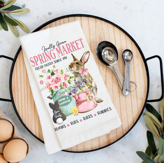 Spring Farmers Market Bunnies Flowers Cotton Tea Towel
