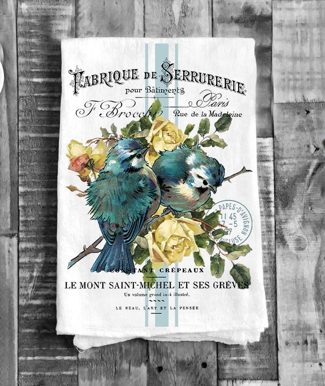 Vintage French Birds Roses Kitchen Flour Sack Tea Towel