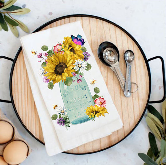 Country Mason Jar Sunflowers Cotton Tea Towel