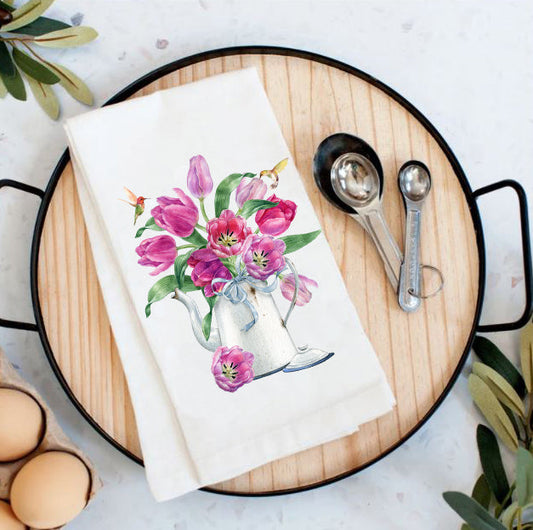 Spring Garden Tulips Humingbirds Cotton Tea Towels