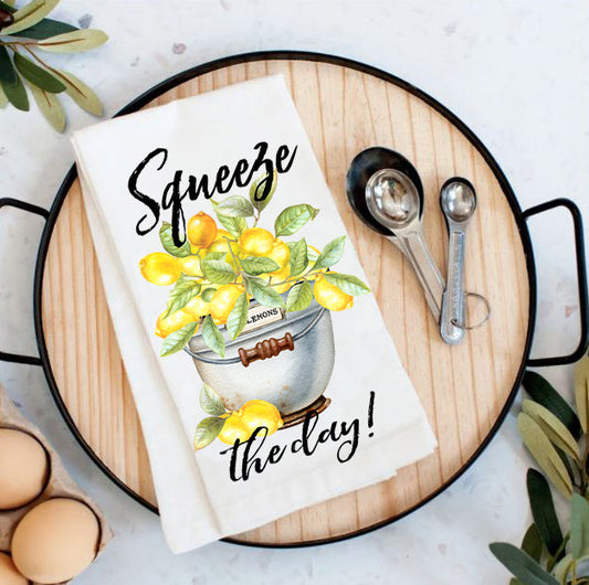 Squeez the Day Bucket of Lemons Cotton Tea Towels
