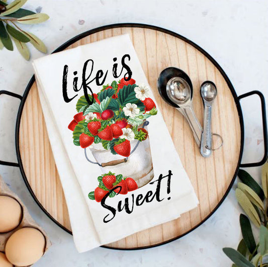 Life is Sweet Bucket of Strawberries Cotton Tea Towels