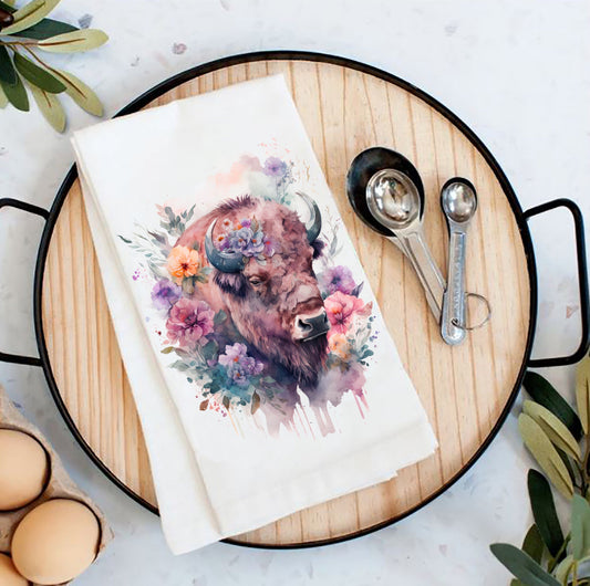 Western Buffalo Colorful Flowers  Kitchen Cotton Tea Towels