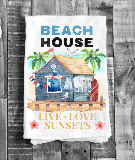 Beach House Sunsets Love Ocean Flour Sack Tea Towel