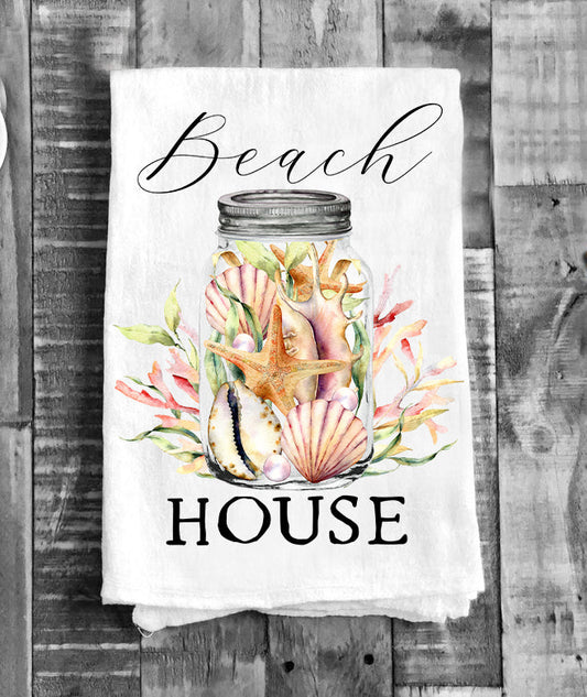 Beach House Mason Jar Sea Shells Ocean Flour Sack Tea Towel