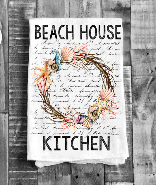 Beach House Kitchen Sea Shells Wreath Ocean Flour Sack Tea Towel