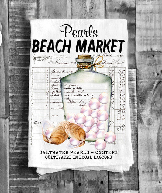 Pearls Beach Market Ocean Oysters Flour Sack Tea Towel