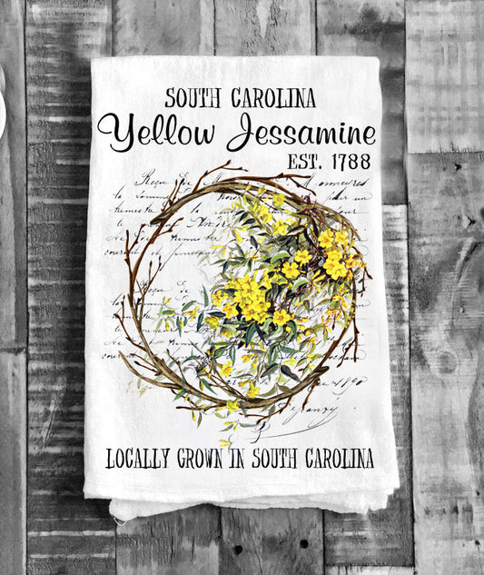South Carolina State Flower Jessamine Souvenir Flour Sack Tea Towel