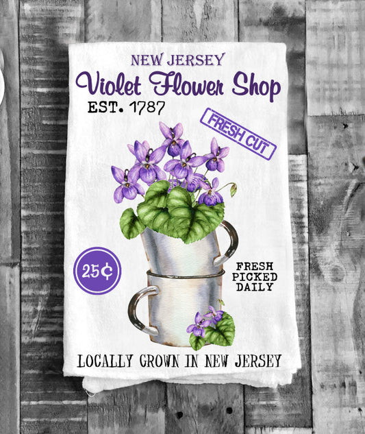 New Jersey State Flower Purple Violet Souvenir Flour Sack Tea Towel