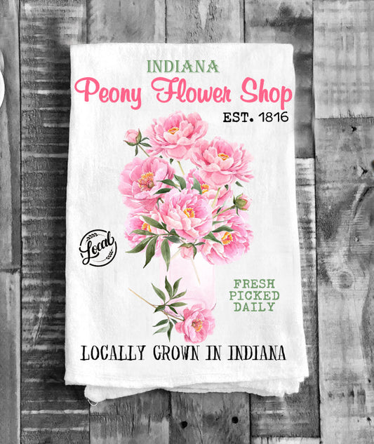 Indiana State Flower Peony Souvenir Flour Sack Tea Towel