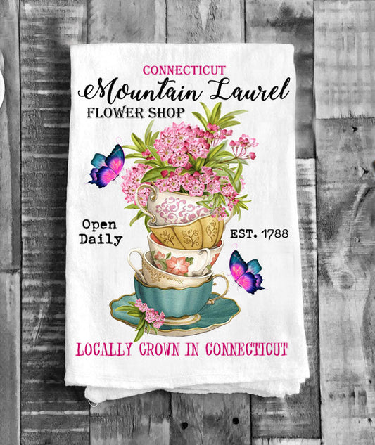 Connecticut State Flower Mountain Laurel Souvenir Flour Sack Tea Towel