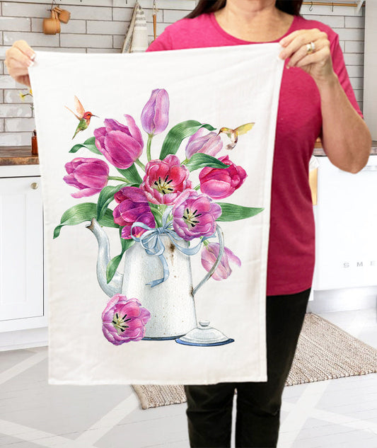 Spring Garden Tulips Humingbirds Cotton Terry Cloth Towels