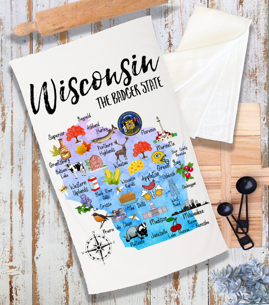Wisconsin State Map Souvenir Kitchen Terry Cloth Towels