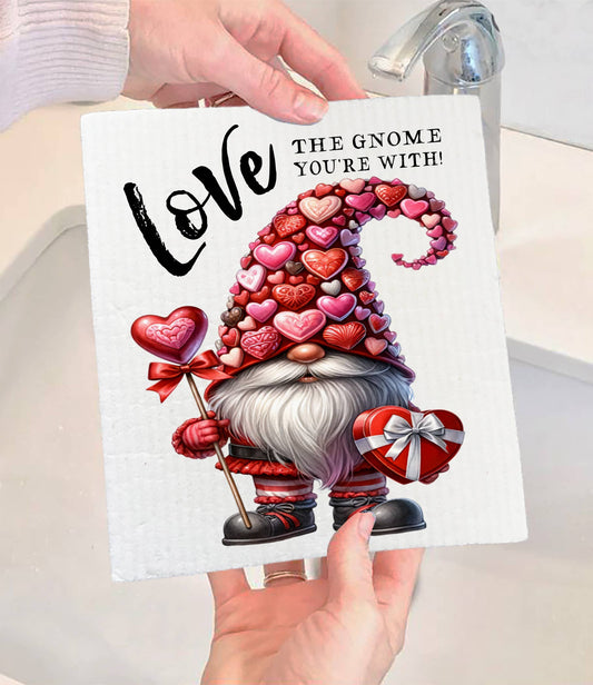Set of 2 -  Valentine Chocolate Gnome Love SWEDISH DISH CLOTH
