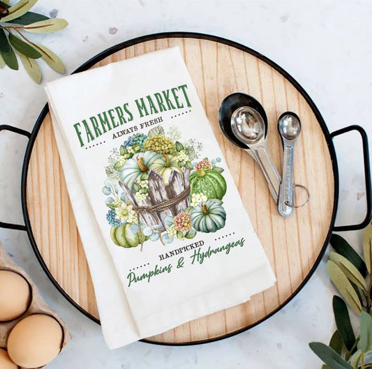 Autumn Fall Farmers Market Hydrangeas Flour Sack Tea Towel