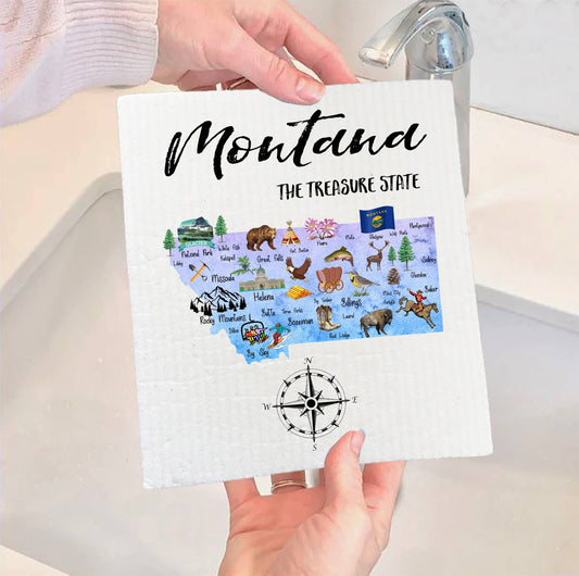 Set of 2 -  Montana State Map Souvenir  SWEDISH DISH CLOTH