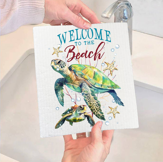 Set of 2 -  Coastal Sea Turtle Welcome to the Beach SWEDISH DISH CLOTH