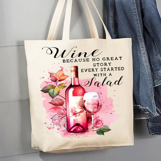 Wine No Story Starts with Salad Funny 12 oz Canvas Tote Bag