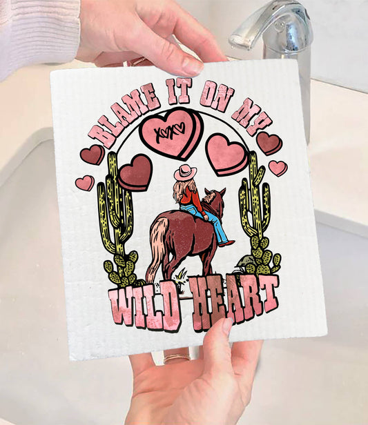 Set of 2 -  Valentine Wild Heart Western SWEDISH DISH CLOTH