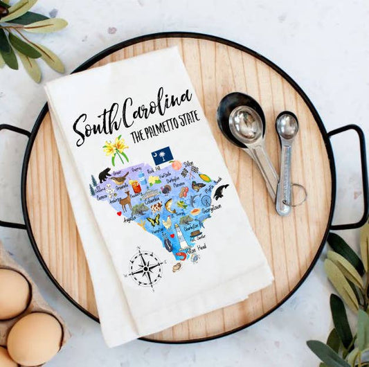 South Carolina State Map Souvenir Cotton Tea Towel