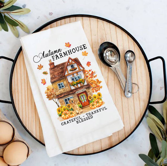 Autumn Fall Farmhouse Grateful Blessed Flour Sack Tea Towel