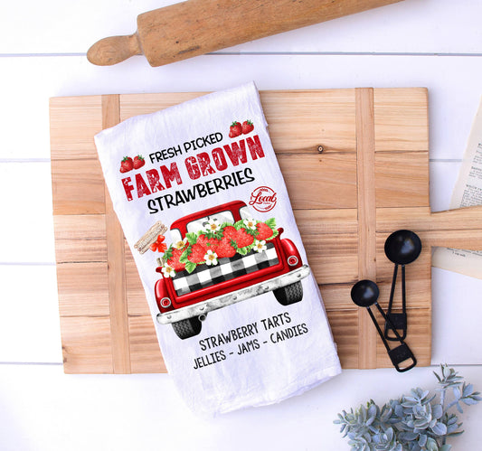 Country Farm Fresh Strawberries Red Truck Cotton Tea Towel