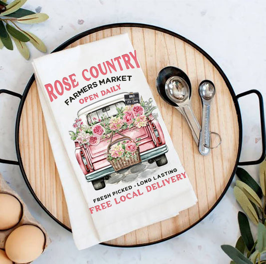 Country Rose Pink Pick Up Truck Flour Sack Tea Towel