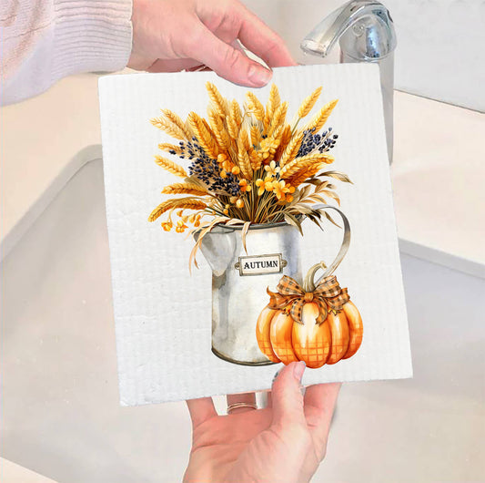 Set of 2 -  Fall Autumn Wheat Checkered Pumpkins SWEDISH DISH CLOTH