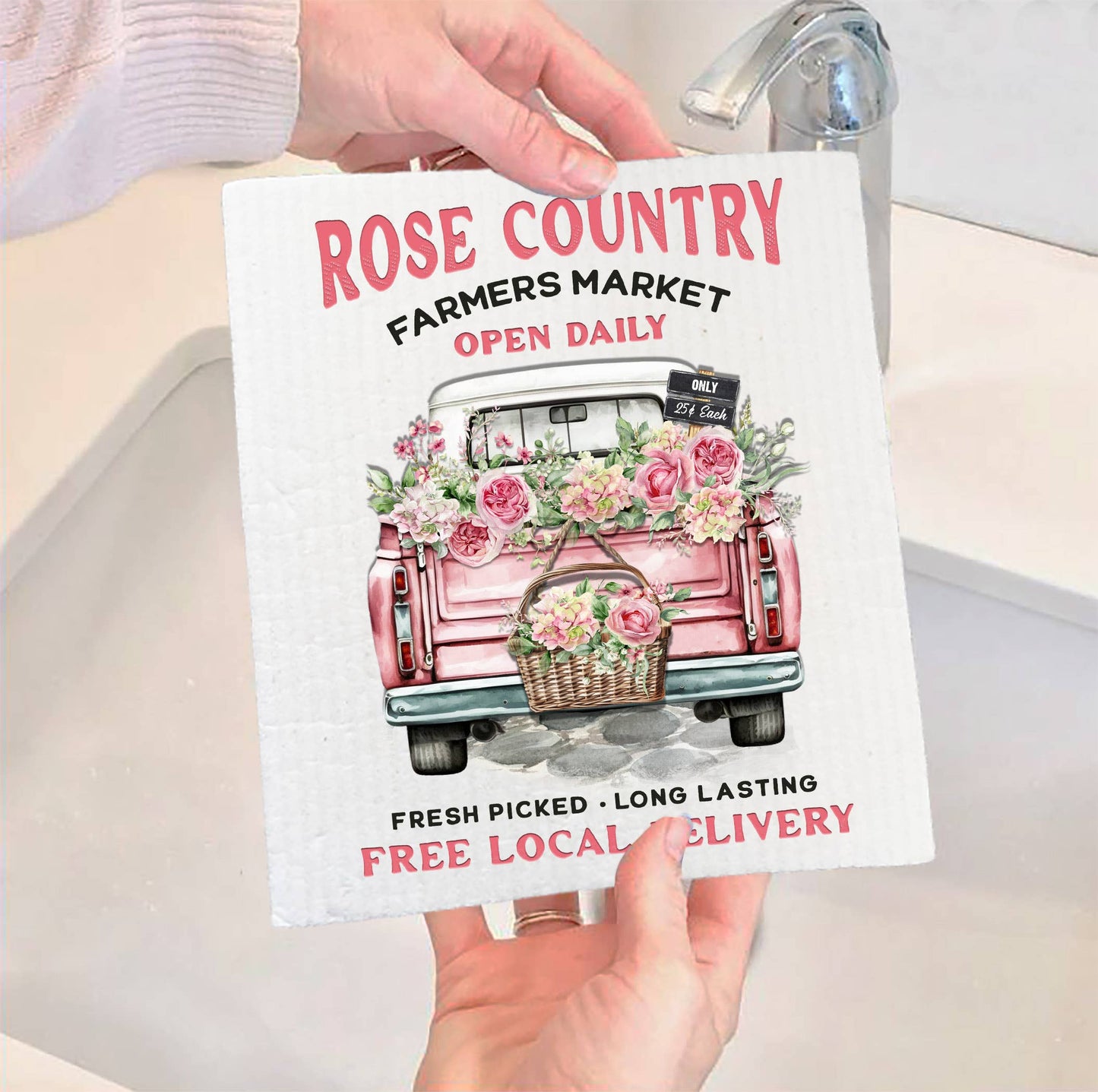 Set of 2 -  Country Rose Pink Pick Up Truck SWEDISH DISH CLOTH