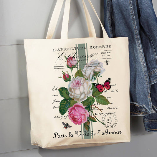 Vintage French Roses Butterfly 12 oz Canvas Tote Bag
