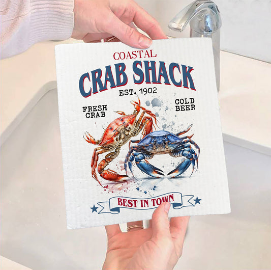 Set of 2 -  Coastal Beach Crab Shack SWEDISH DISH CLOTH