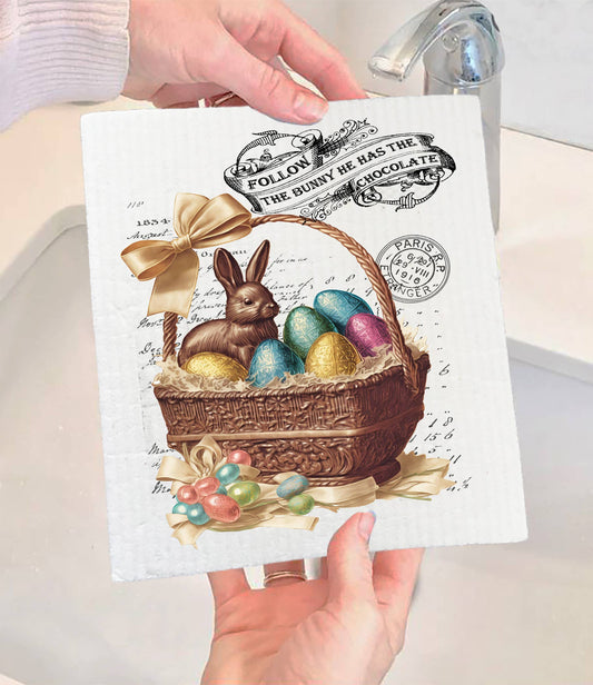 Set of 2 -  Easter Chocolate Follow the Bunny SWEDISH DISH CLOTH