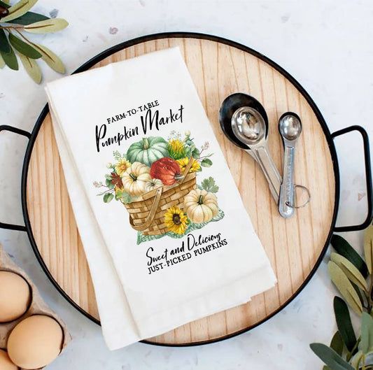 Autumn Fall Pumpkin Market Baskets Flour Sack Tea Towel