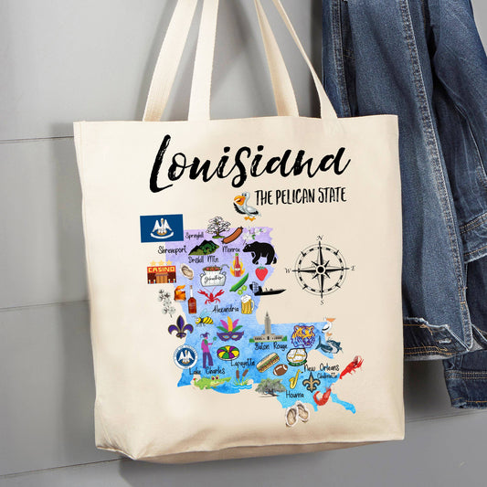 Louisiana State Map Souvenir 12 oz Canvas Tote Bag