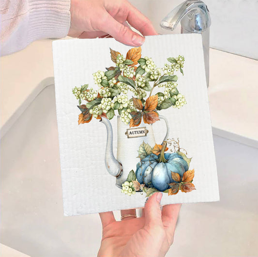 Set of 2 -  Fall Autumn Blue Pumpkin Watering Can SWEDISH DISH CLOTH