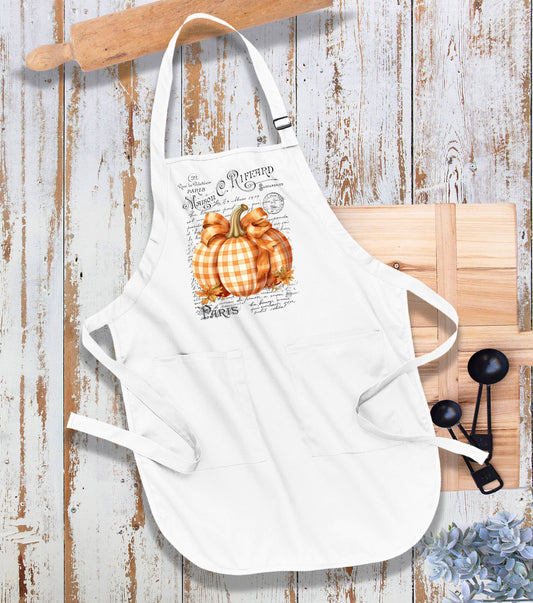 Fall Autumn French Checkered Pumpkins Kitchen Cotton Apron