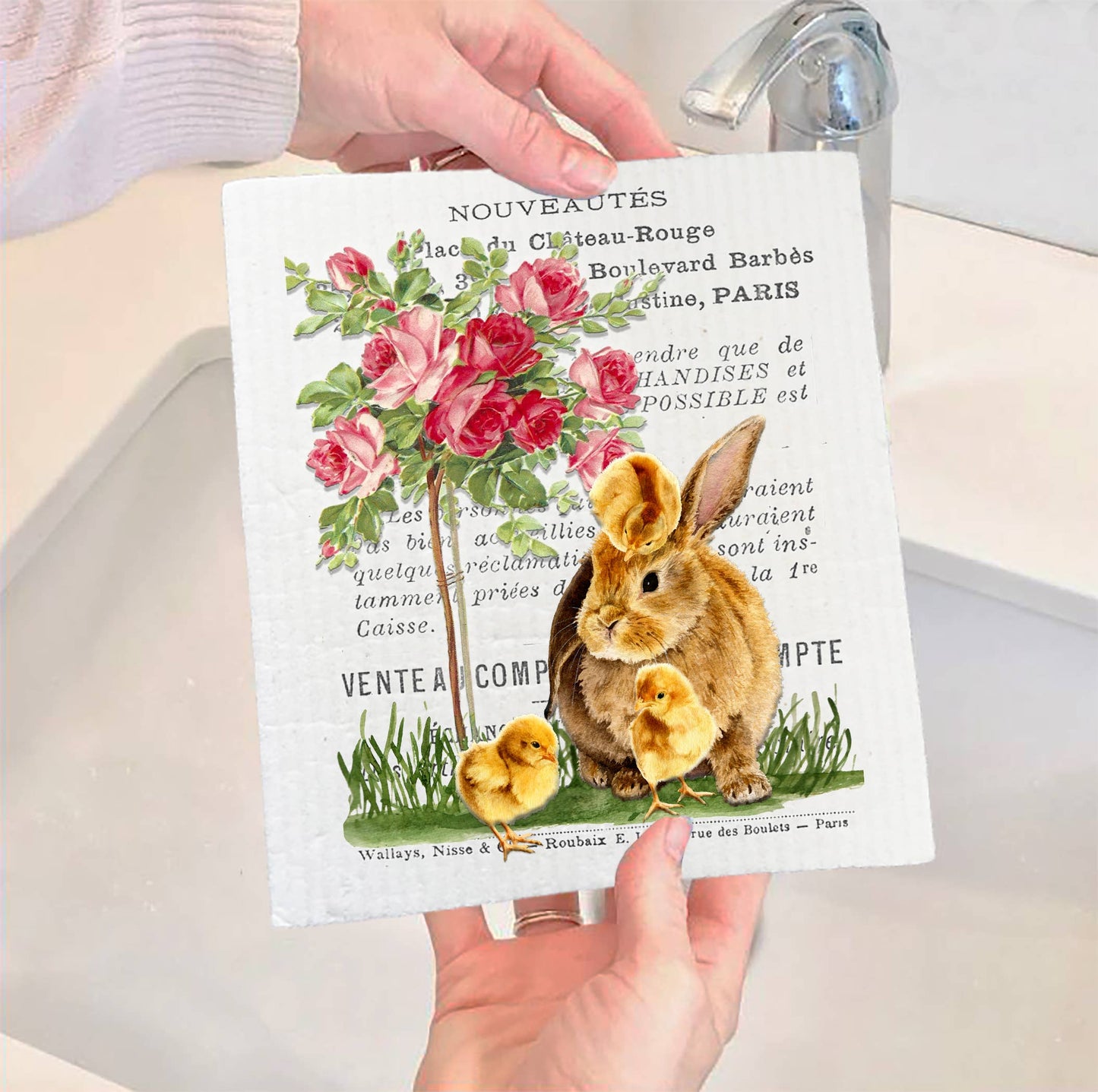 Set of 2 -  Vintage French Bunny Chicks Roses Swedish Dish Cloth