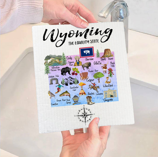 Set of 2 -  Wyoming State Map Souvenir  SWEDISH DISH CLOTH