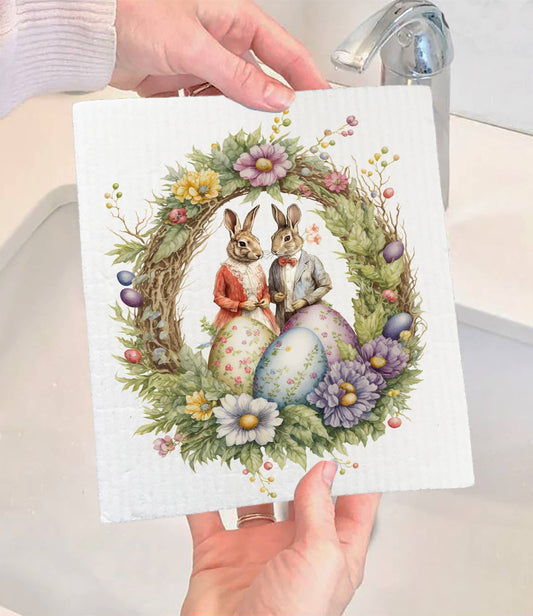 Set of 2 -  Easter Vintage Victorain Bunnies SWEDISH DISH CLOTH