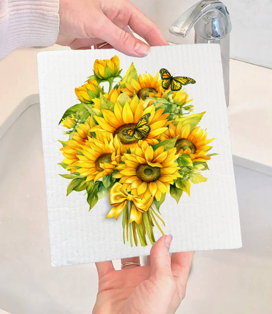 Set of 2 -  Sunflowers Butterfly Bouquet SWEDISH DISH CLOTH