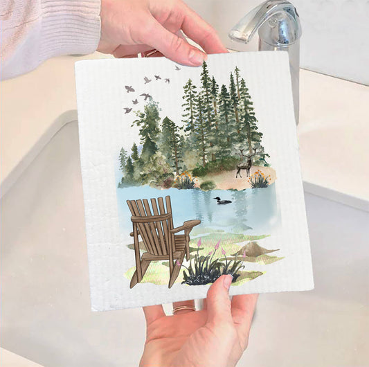 Set of 2 -  Andirondacks Chairs Lake Mountains Swedish Dish Cloth
