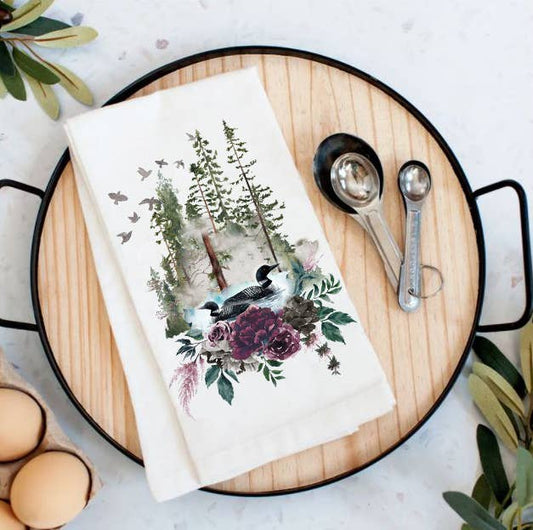 Loons Lake Mountains Wildlife  Cotton Tea Towels
