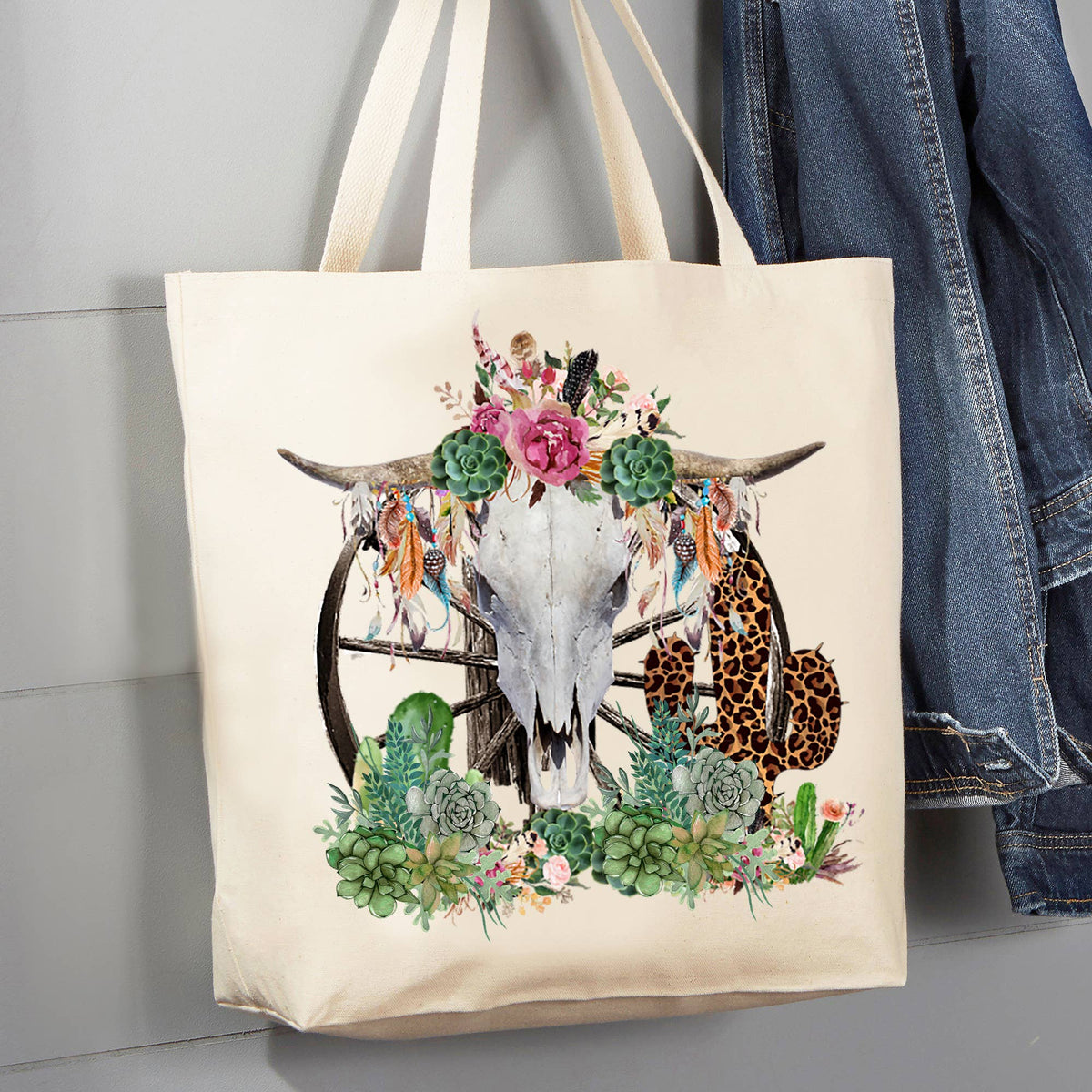 Western Cow Skull Cactus Southwestern 12 oz Canvas Tote Bag