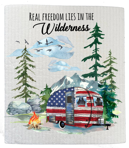 Set of 2 -  Real Freedom in Wilderness Patriotic Camper SWEDISH DISH CLOTH