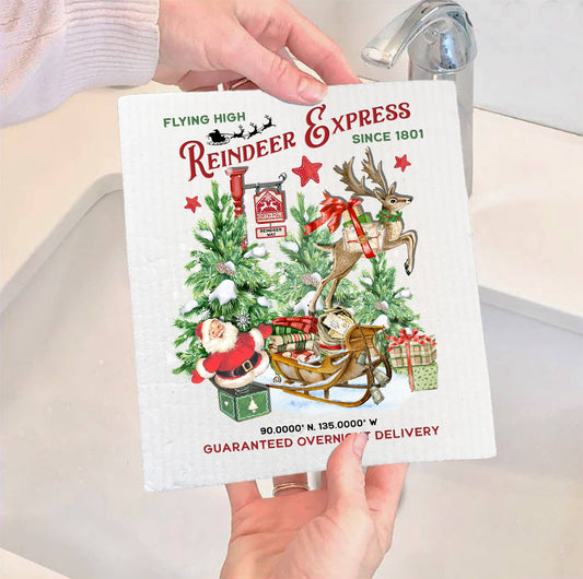 Set of 2 -  Christmas Reindeer Express SWEDISH DISH CLOTH