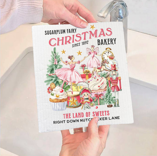 Set of 2 -  Christmas Pink Sugar Plum Bakery SWEDISH DISH CLOTH